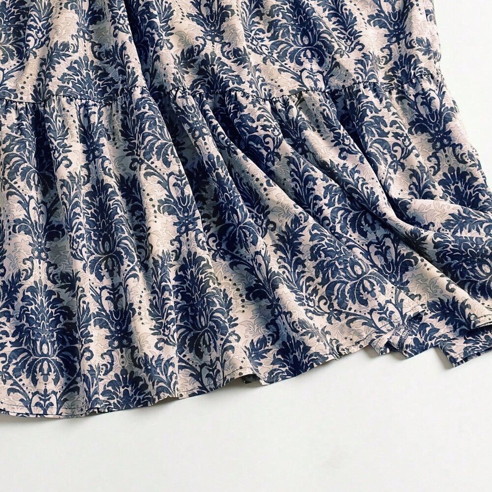 Blue Boho Women's Leisure Holiday Full Printed Pleated Tie Waist Strap Dress - Picture 8 of 8